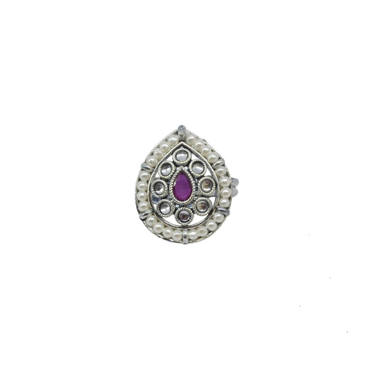 Saloni Fashion Jewellery Modern Pear Shape and Mother Of Pearl Silver Plated Kundan Stone Adjustable Finger Ring For Women and Girls