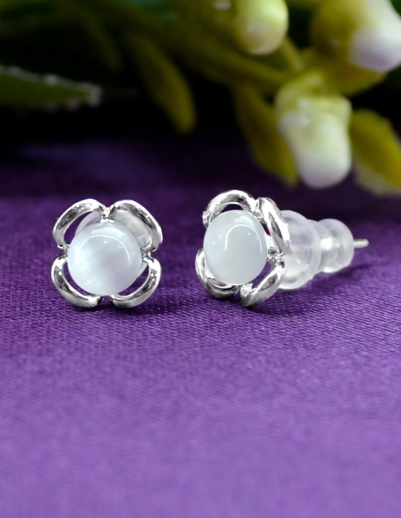Saloni Fashion Jewellery Lovely Flower Design Pearl CZ Brass Silver Plated Set of 3 Combo Stud Earring For Women and Girls