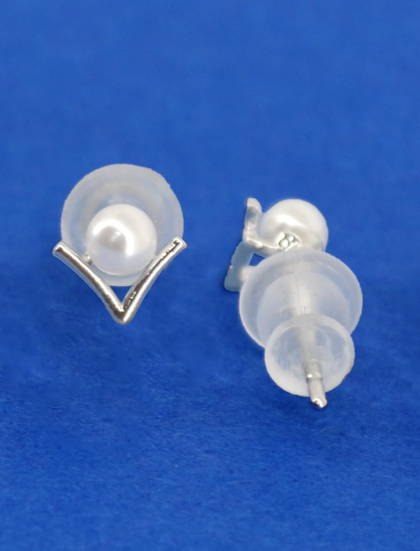 Saloni Fashion Jewellery Royal "V" Shape Pearl Brass Silver Plated Set of 3 Combo Stud Earring For Women and Girls