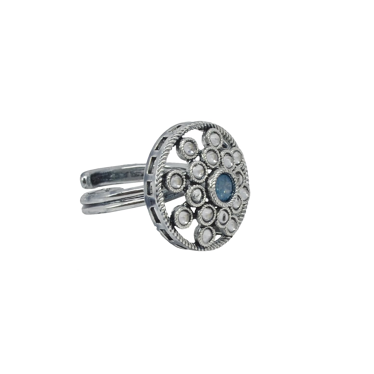 Saloni Fashion Jewellery Exotic Round Shape Silver Plated Kundan Stone Adjustable Finger Ring For Women and Girls