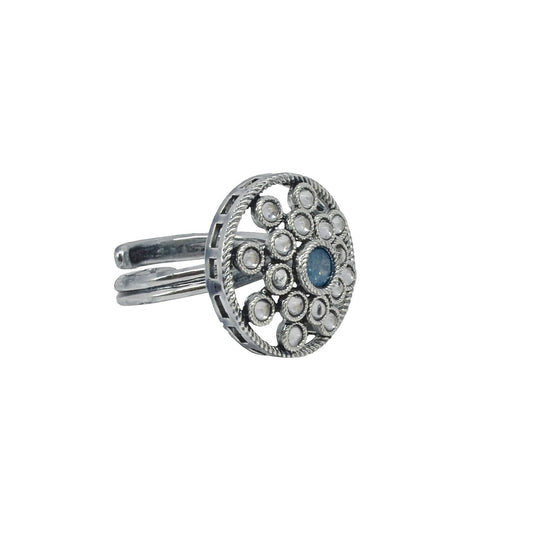 Saloni Fashion Jewellery Exotic Round Shape Silver Plated Kundan Stone Adjustable Finger Ring For Women and Girls