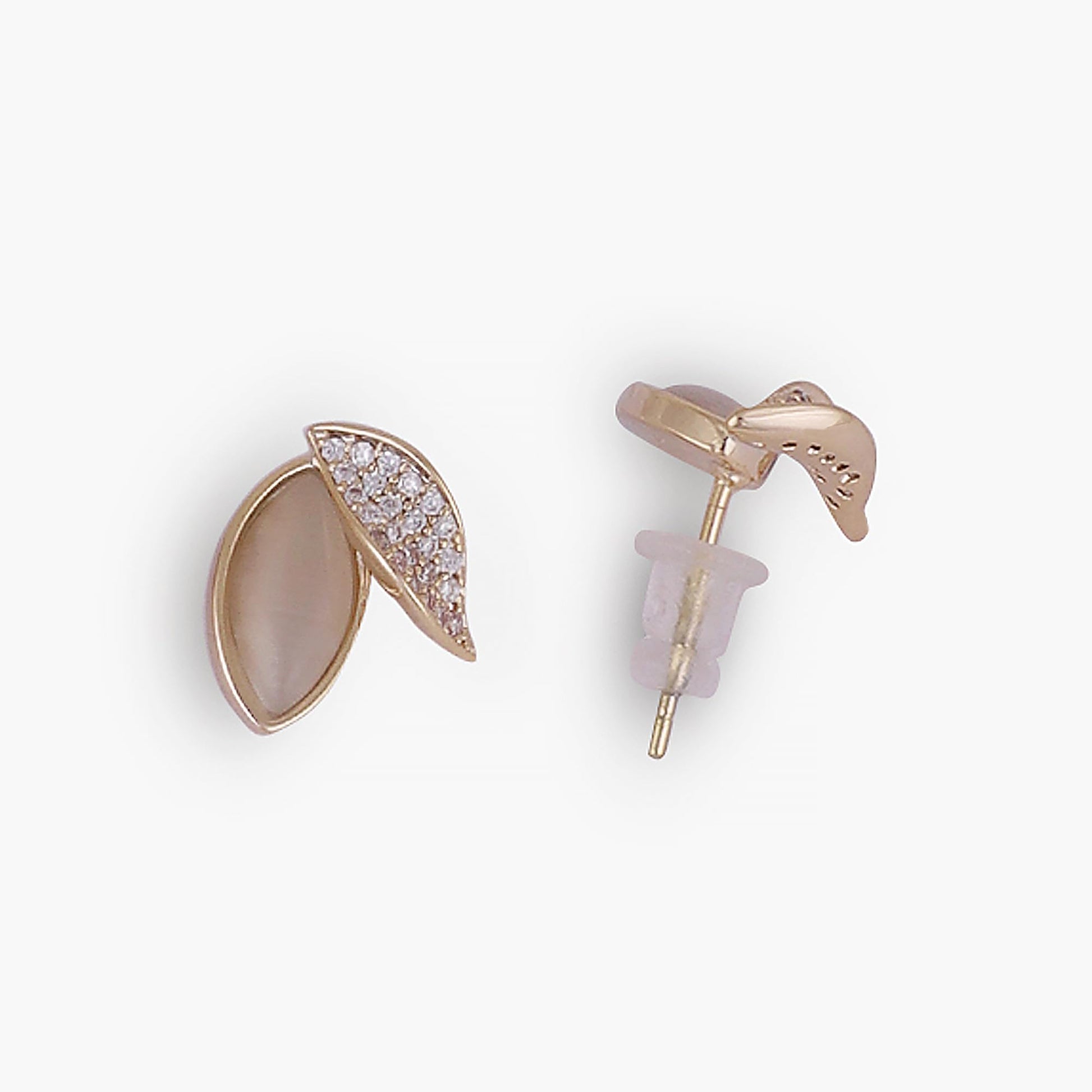 Saloni Fashion Jewellery Eye-Catchy Cat Eye Stone Leaf Gold Plated Stud Earring For Women