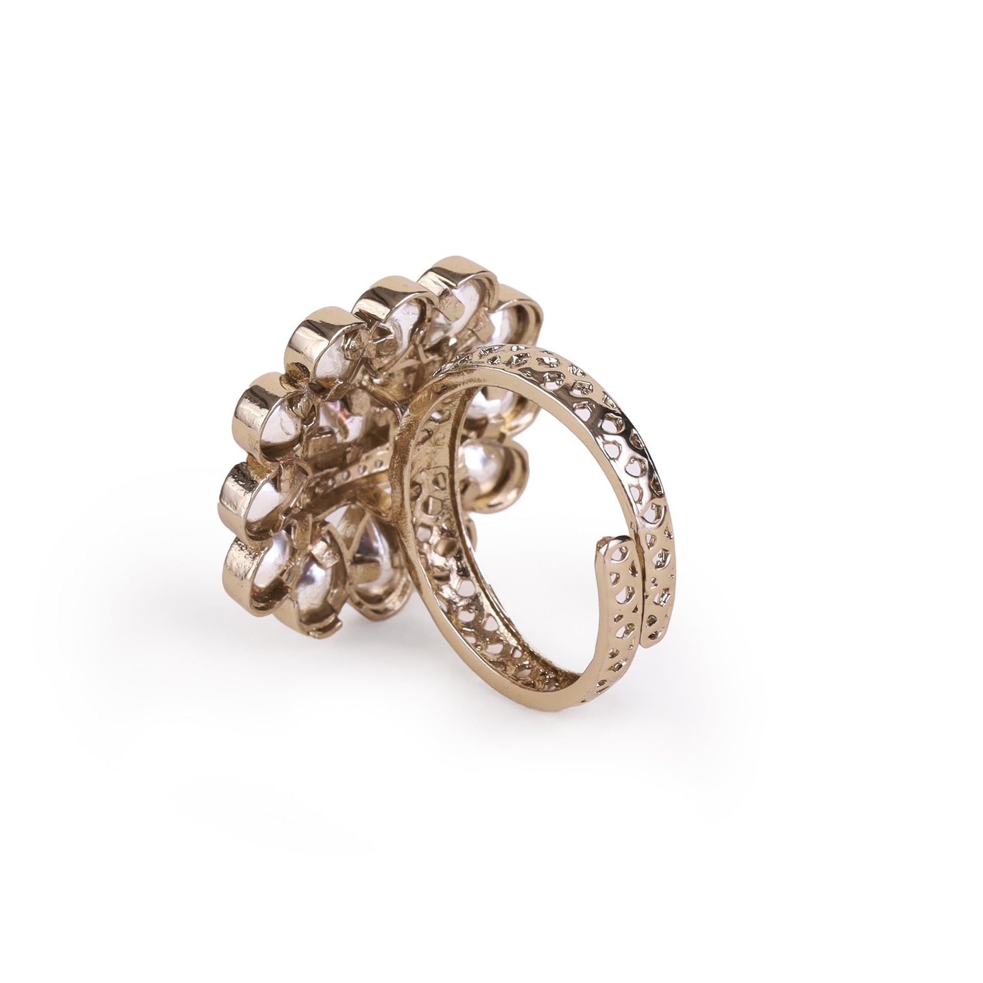 Saloni Fashion Jewellery Flower Design White Stone Gold Plated Brass Adjustable Finger Ring For Women