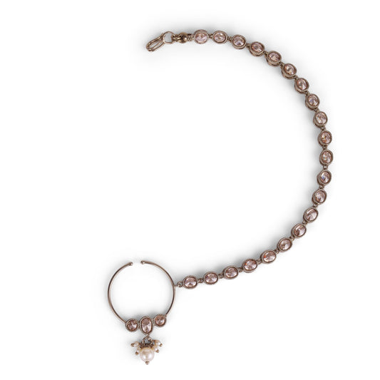 Saloni Fashion Jewellery Traditional Round Shape Crystal Gold Plated Nose Ring with Chain (Nathiya) For Women