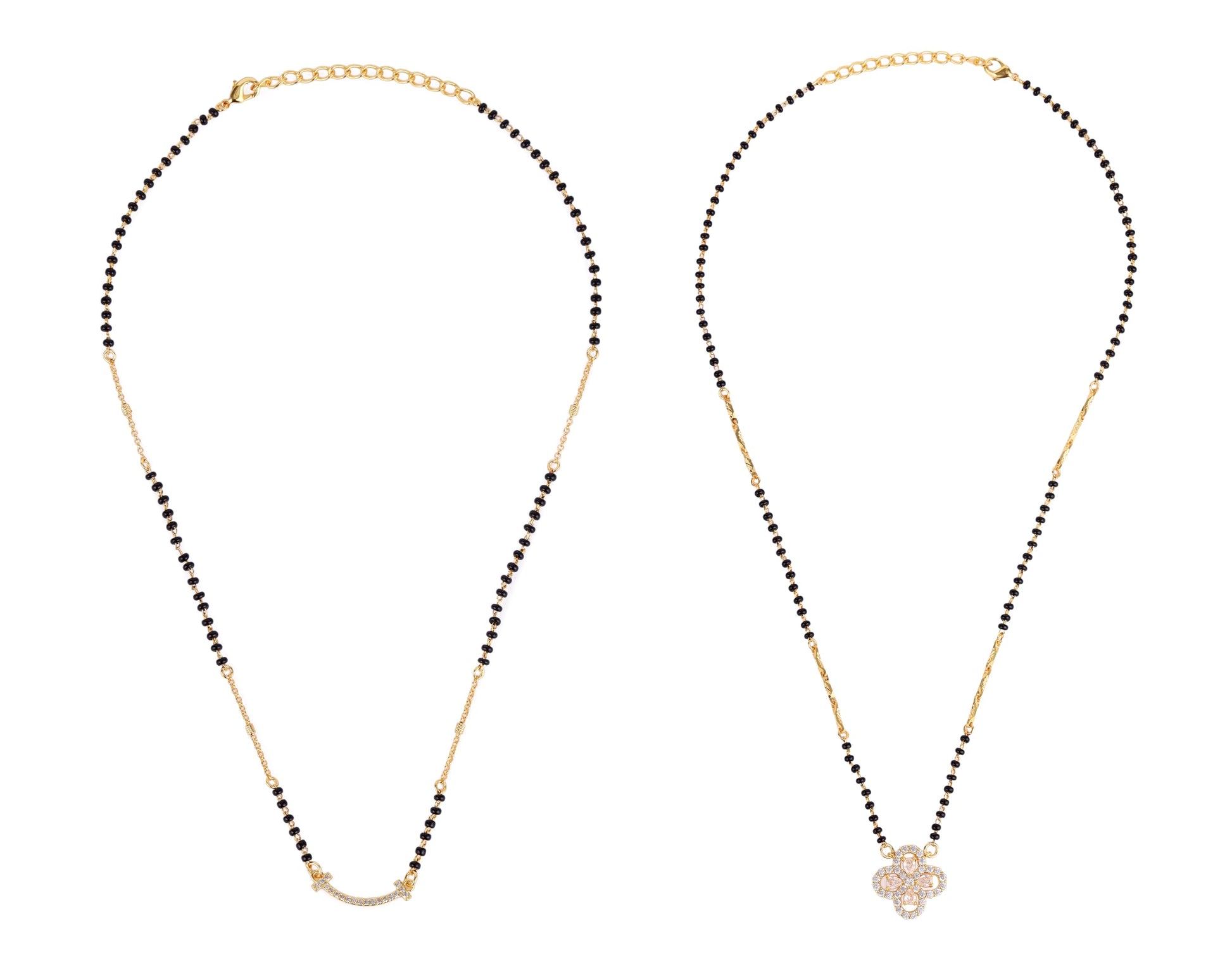 Saloni Fashion Jewellery Traditional Youthful Flower Design Gold Plated Combo Set of 2 Black Beaded Adjustable Chain Mangalsutra For Women