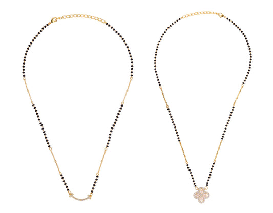 Saloni Fashion Jewellery Traditional Youthful Flower Design Gold Plated Combo Set of 2 Black Beaded Adjustable Chain Mangalsutra For Women