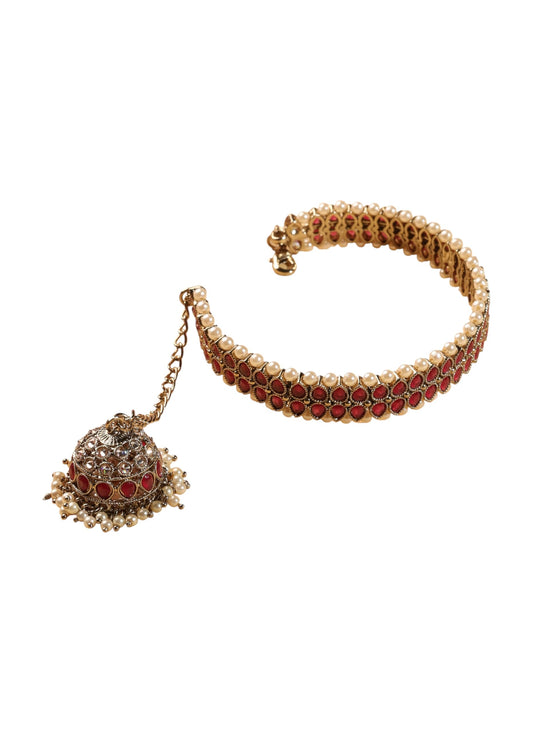 Saloni Fashion Jewellery Delightful Circle Shape and Pearl with Chain Jhumki Ruby Kundan Stone Antique Gold Plated Openable Bracelet For Women and Girls
