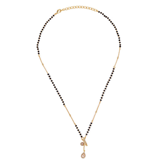Saloni Fashion Jewellery Traditional Creative Oval Shape CZ Studded Gold Plated Black Beaded Adjustable Chain Mangalsutra For Women