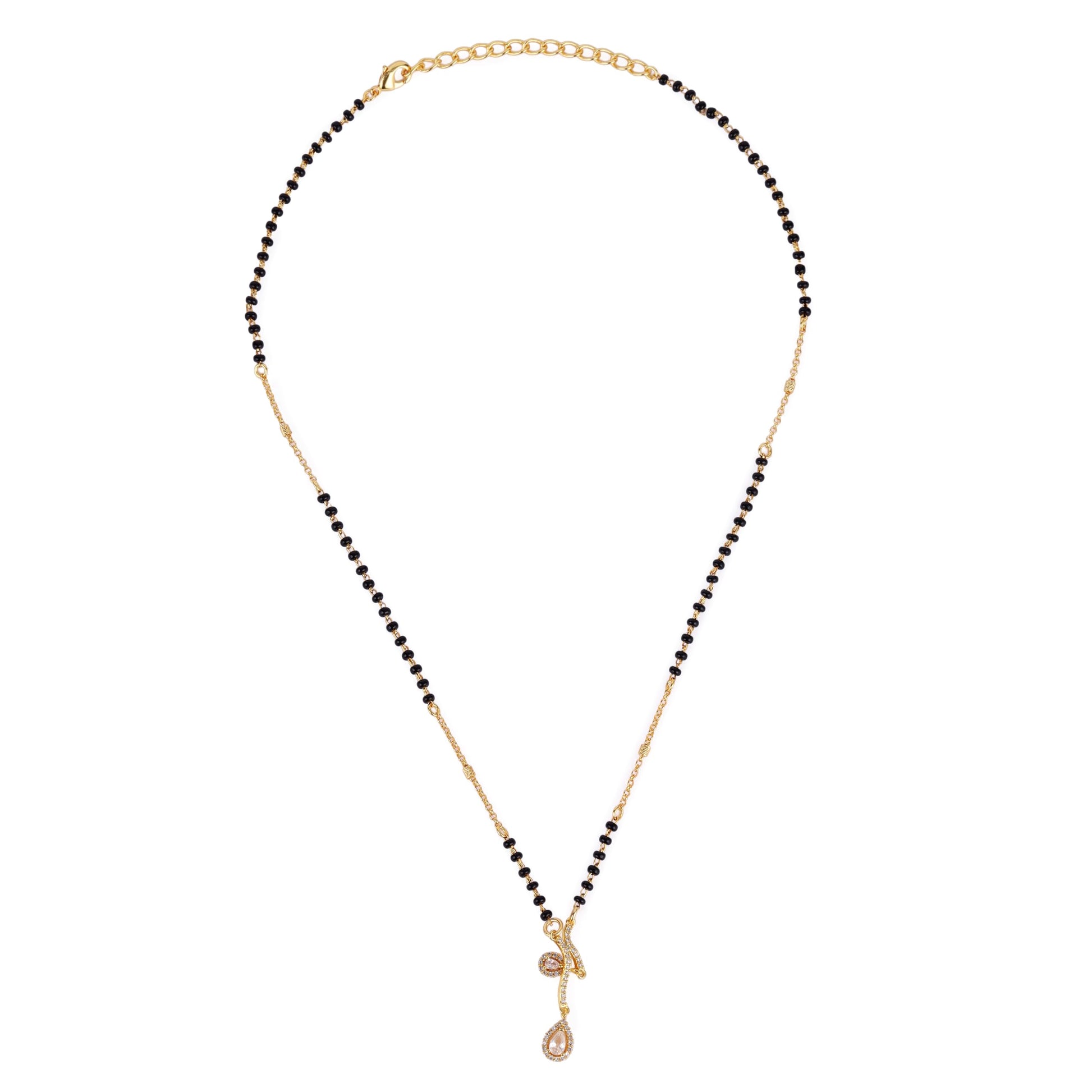 Saloni Fashion Jewellery Traditional Creative Oval Shape CZ Studded Gold Plated Combo Set of 2 Black Beaded Adjustable Chain Mangalsutra For Women