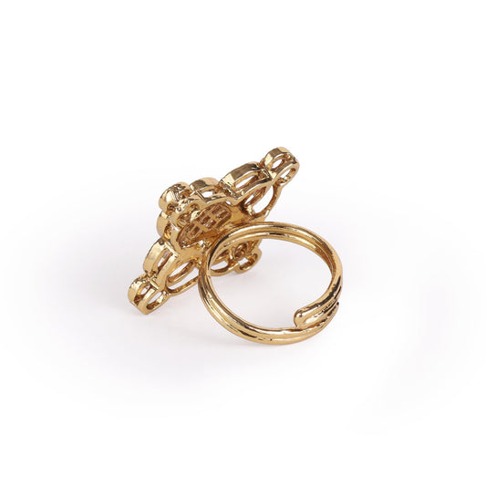 Saloni Fashion Jewellery Triangle Design White Stone Gold Plated Brass Adjustable Finger Ring For Women