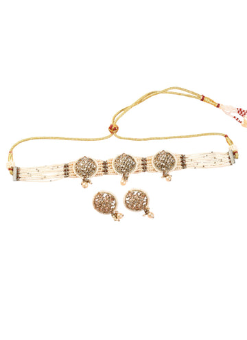 Saloni Fashion Jewellery Smooth Round Shape Mother of Pearl White Kundan Stone Antique Gold Plated Collar Necklace Set For Women and Girls