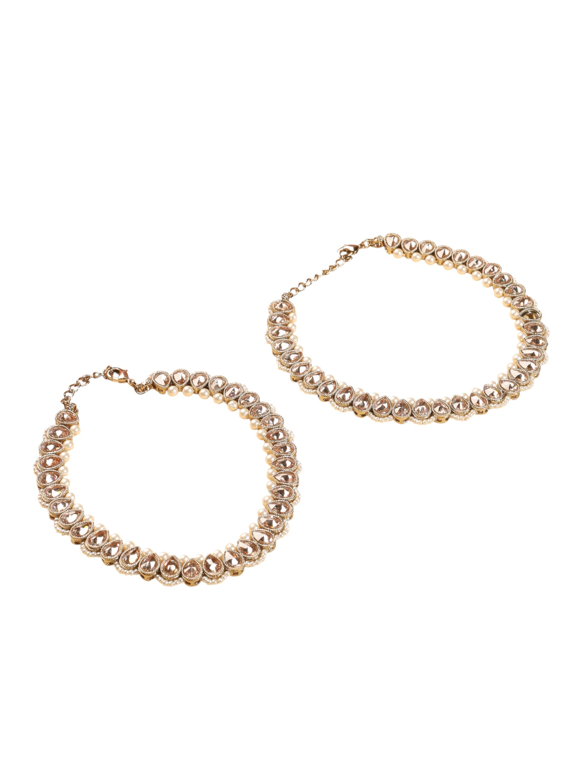 Saloni Fashion Jewellery Astonish Oval Shape Pearl Brown Kundan Stone Antique Gold Plated Set of 2 Anklet(Payal) For Women and Girls