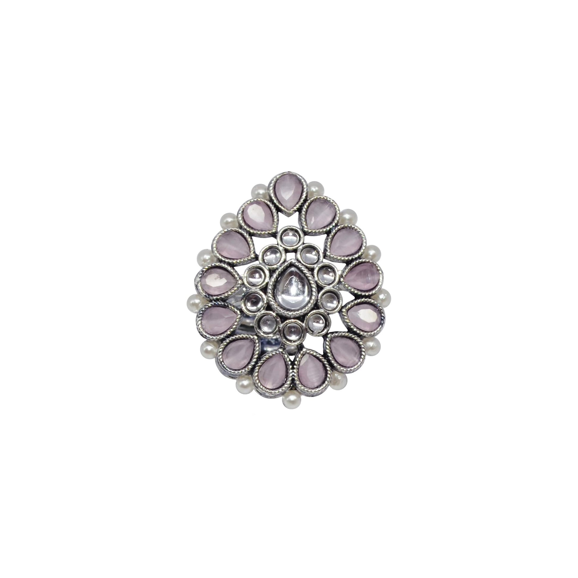 Saloni Fashion Jewellery Inspired Pear Shape Silver Plated Kundan Stone Adjustable Finger Ring For Women and Girls