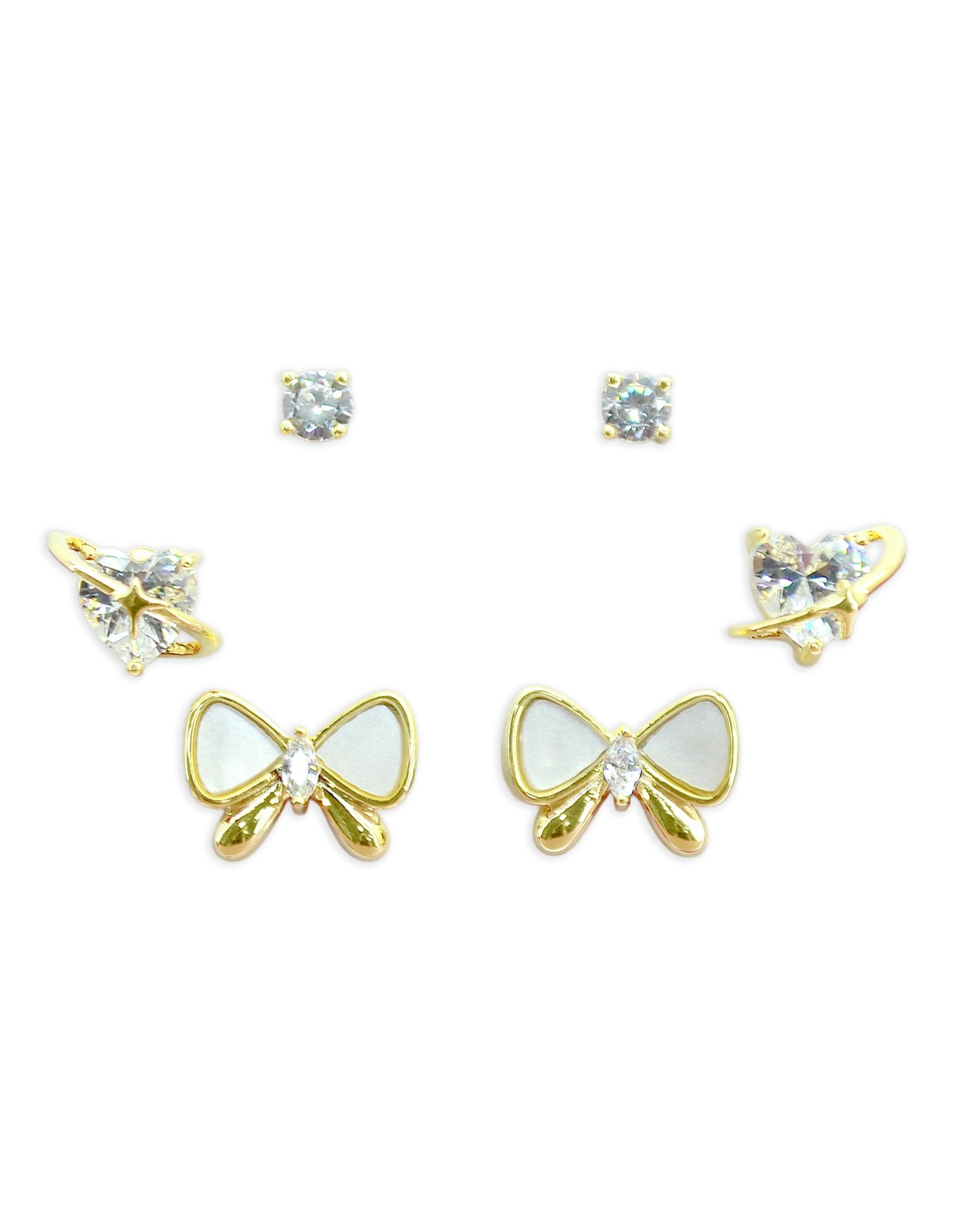 Saloni Fashion Jewellery Youthful Butterfly and Heart Shape Kundan Brass Gold Plated Set of 3 Combo Stud Earring For Women and Girls