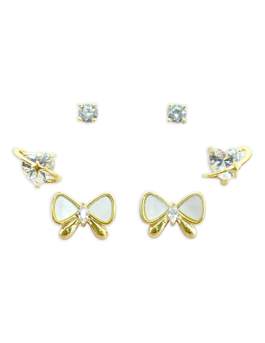 Saloni Fashion Jewellery Youthful Butterfly and Heart Shape Kundan Brass Gold Plated Set of 3 Combo Stud Earring For Women and Girls