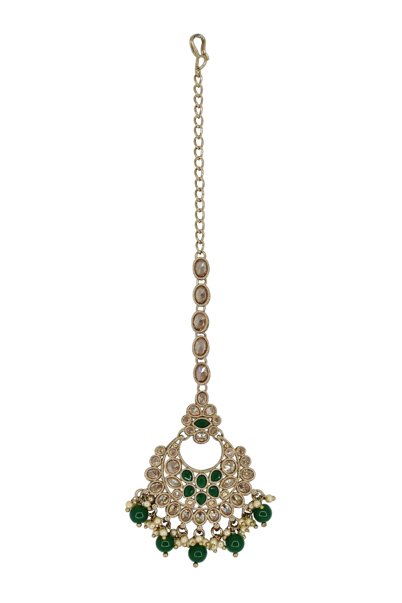 Saloni Fashion Jewellery Good-looking Chandelier Shape Mother of Pearl Green Uncut Kundan Stone Antique Gold Plated Maang Tikka For Women and Girls