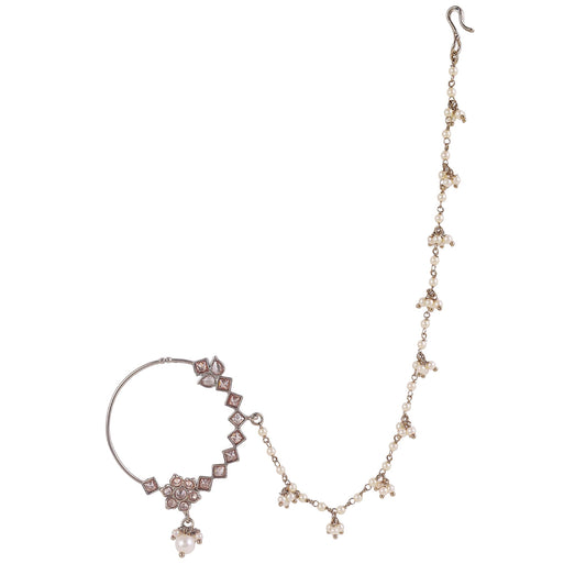 Saloni Fashion Jewellery Traditional Leaf and Flower Shape Gold Plated Nose Ring with String (Nathiya) For Women