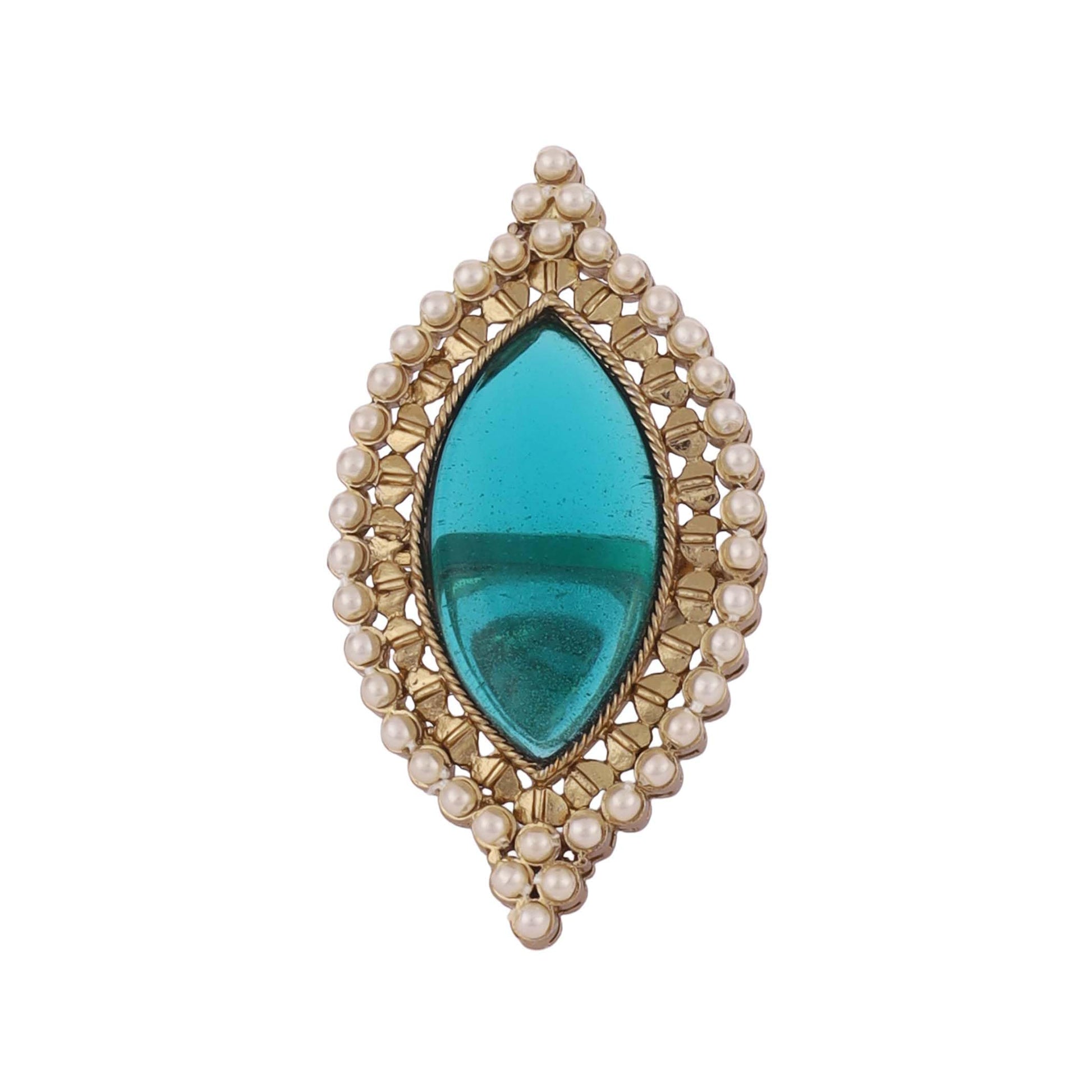 Saloni Fashion Jewellery Lovely Oval Shape Center Sky Blue Stone Gold Plated Adjustable Finger Ring For Women