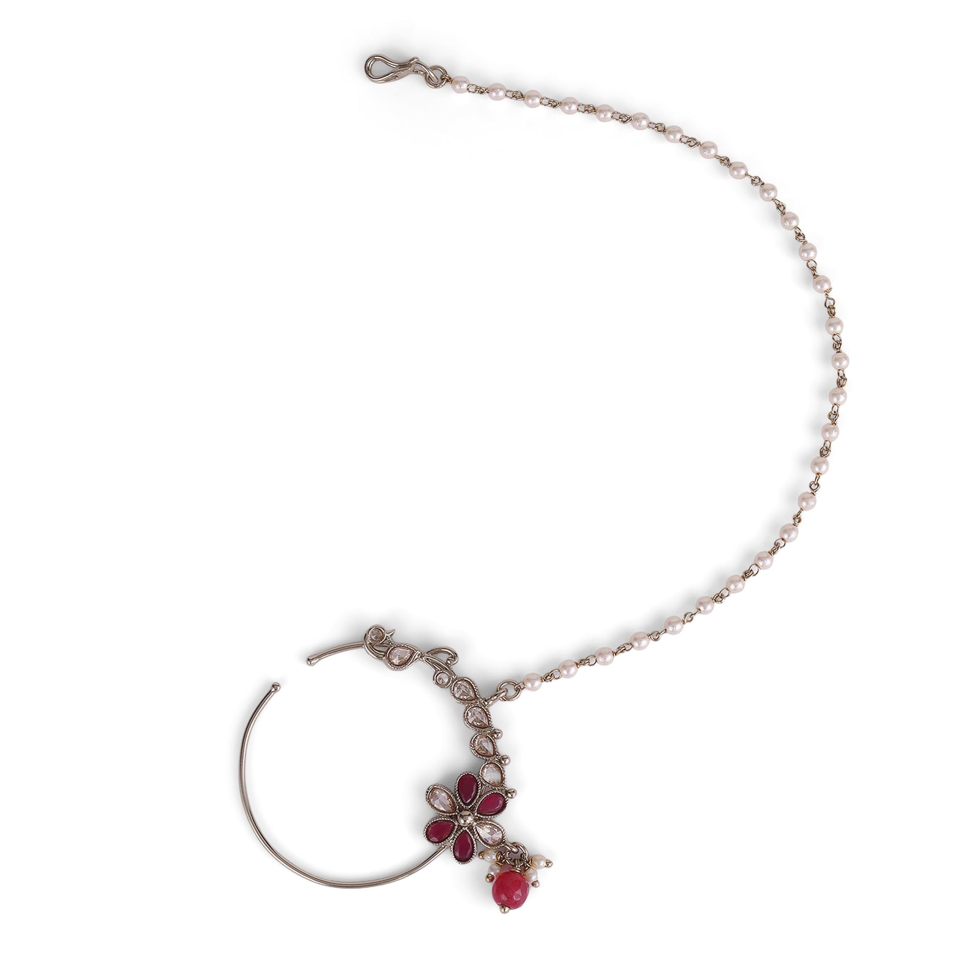 Saloni Fashion Jewellery Traditional Flower Design Crystal Gold Plated Nose Ring with Chain (Nathiya) For Women