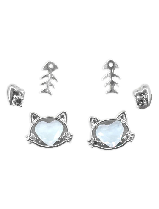Saloni Fashion Jewellery Modish Heart Shape CZ Brass Silver Plated Set of 3 Combo Stud Earring For Women and Girls