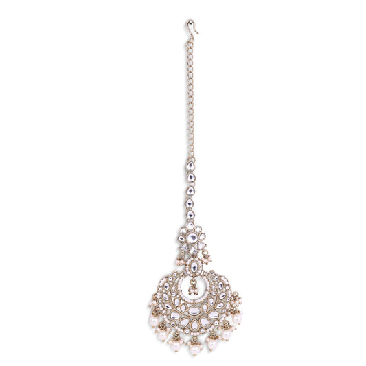Saloni Fashion Jewellery Traditional Flower Shape and Pearl Silver Gold Plated Maang Tikka For Women