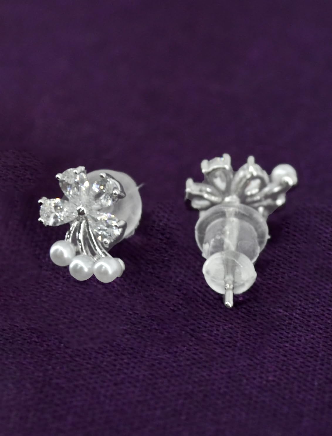 Saloni Fashion Jewellery Lavish Butterfly and Flower Design CZ Brass Silver Plated Set of 3 Combo Stud Earring For Women and Girls