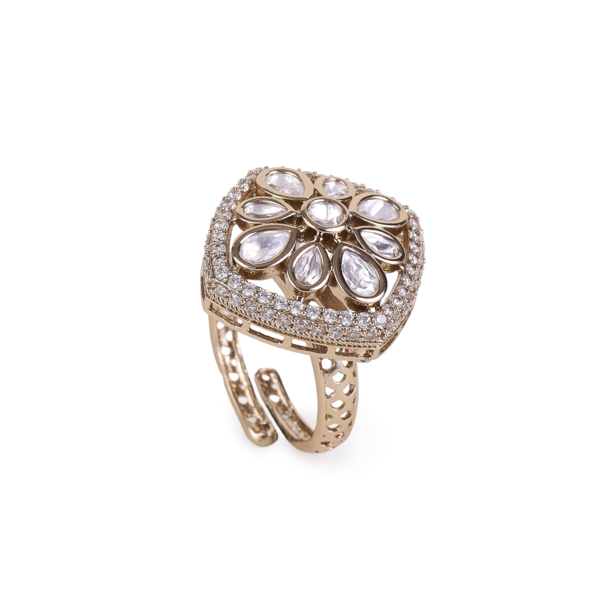Saloni Fashion Jewellery Squire Shape White Stone Gold Plated Brass Adjustable Finger Ring For Women