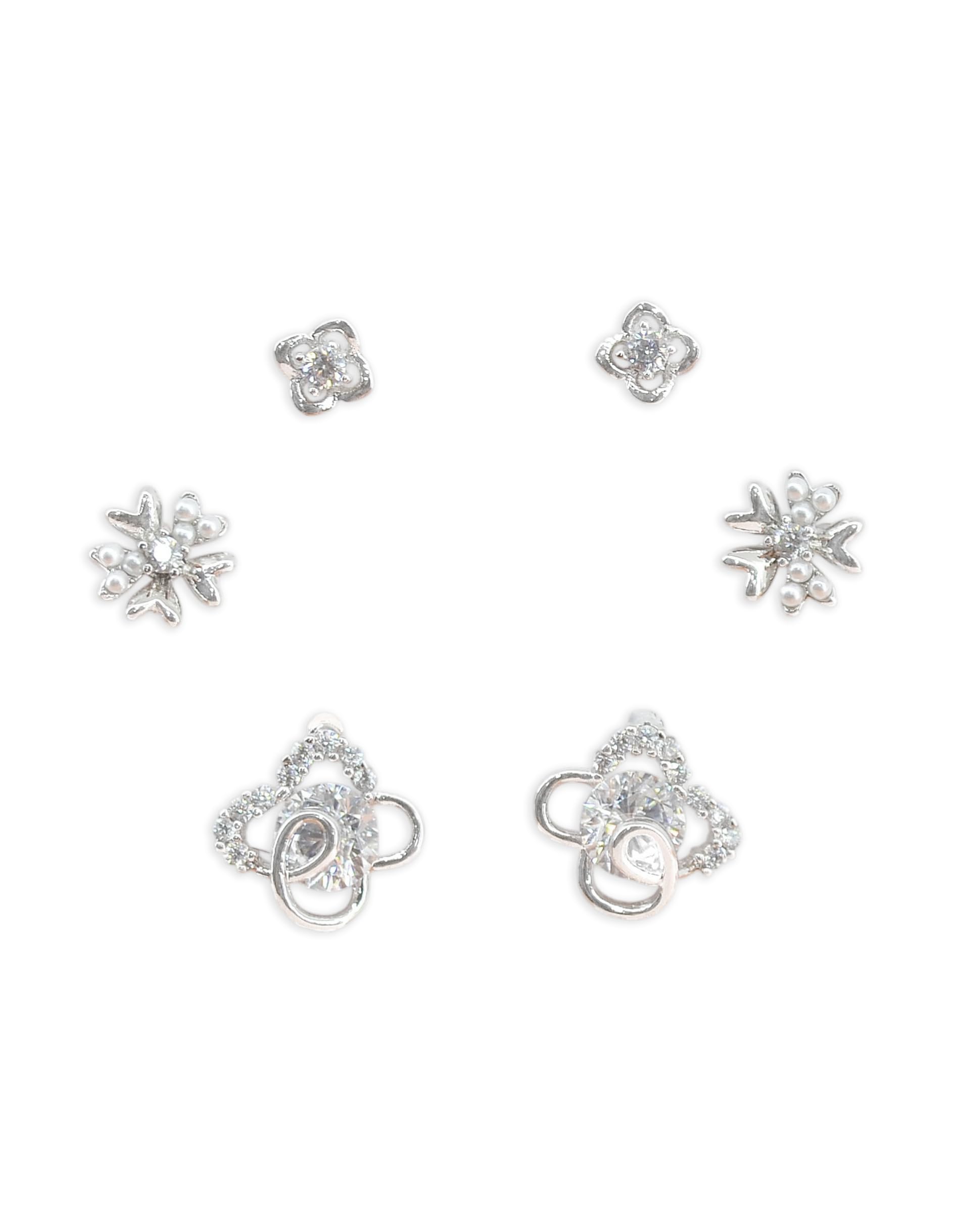 Saloni Fashion Jewellery Pleasant Heart and Flower Shape CZ Brass Silver Plated Set of 3 Combo Stud Earring For Women and Girls