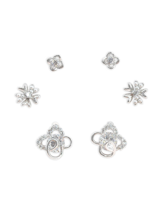 Saloni Fashion Jewellery Pleasant Heart and Flower Shape CZ Brass Silver Plated Set of 3 Combo Stud Earring For Women and Girls
