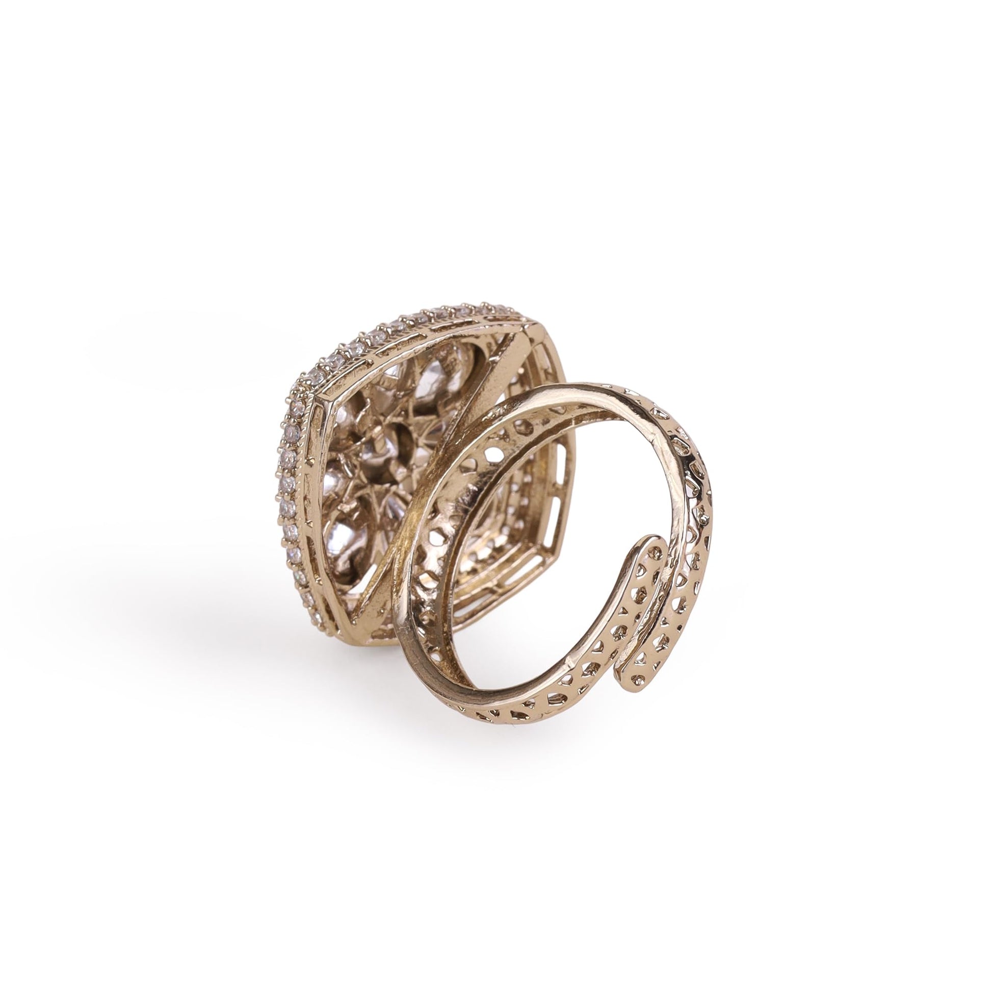 Saloni Fashion Jewellery Squire Shape White Stone Gold Plated Brass Adjustable Finger Ring For Women