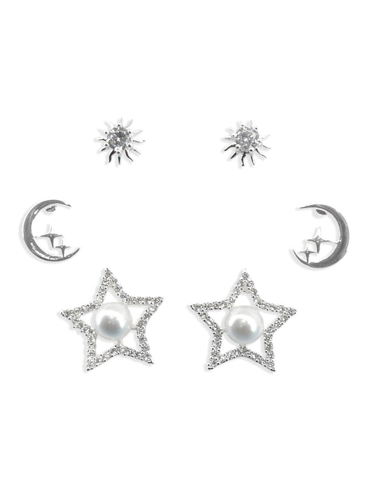 Saloni Fashion Jewellery Smooth Star and Half Moon Shape CZ Brass Silver Plated Set of 3 Combo Stud Earring For Women and Girls