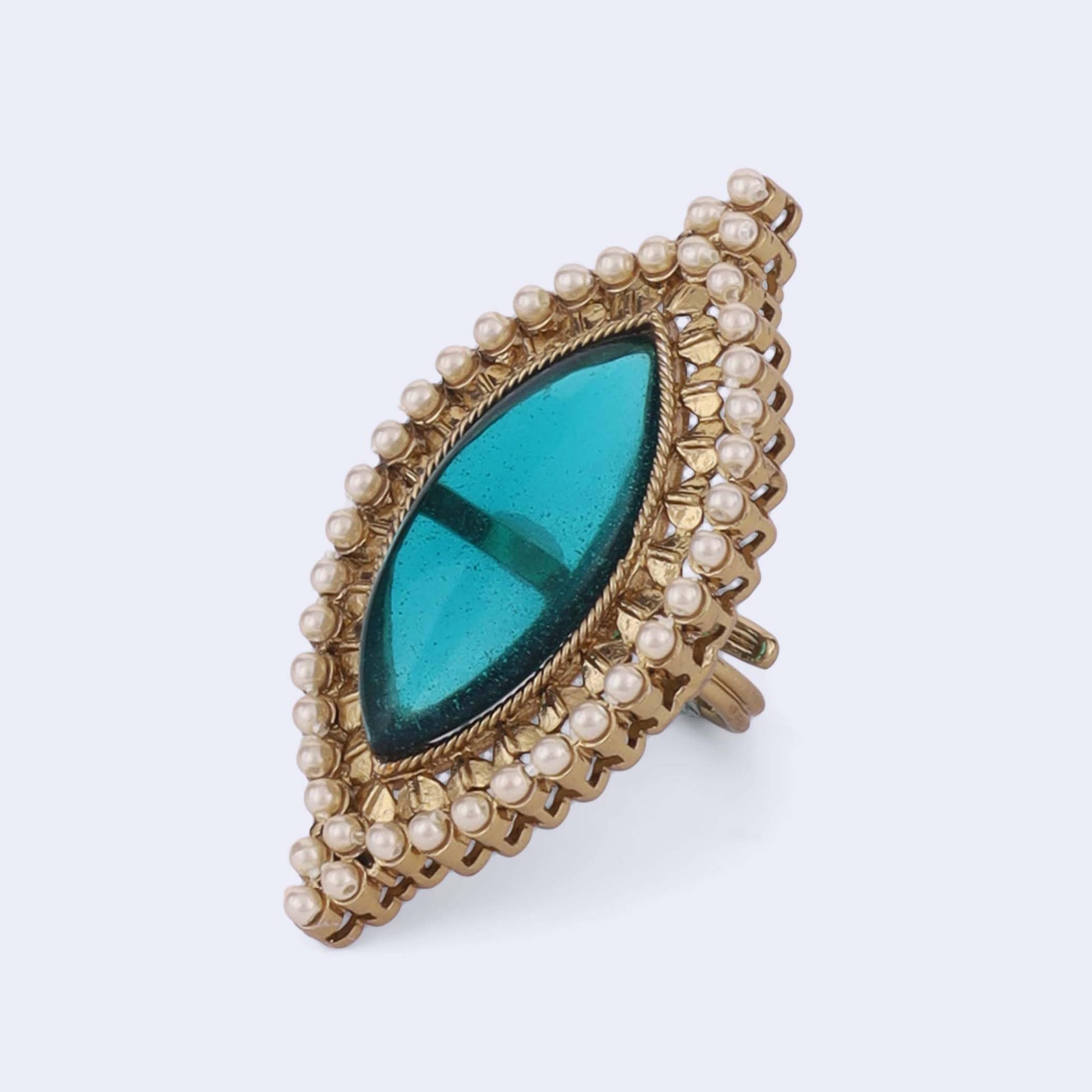 Saloni Fashion Jewellery Lovely Oval Shape Center Sky Blue Stone Gold Plated Adjustable Finger Ring For Women