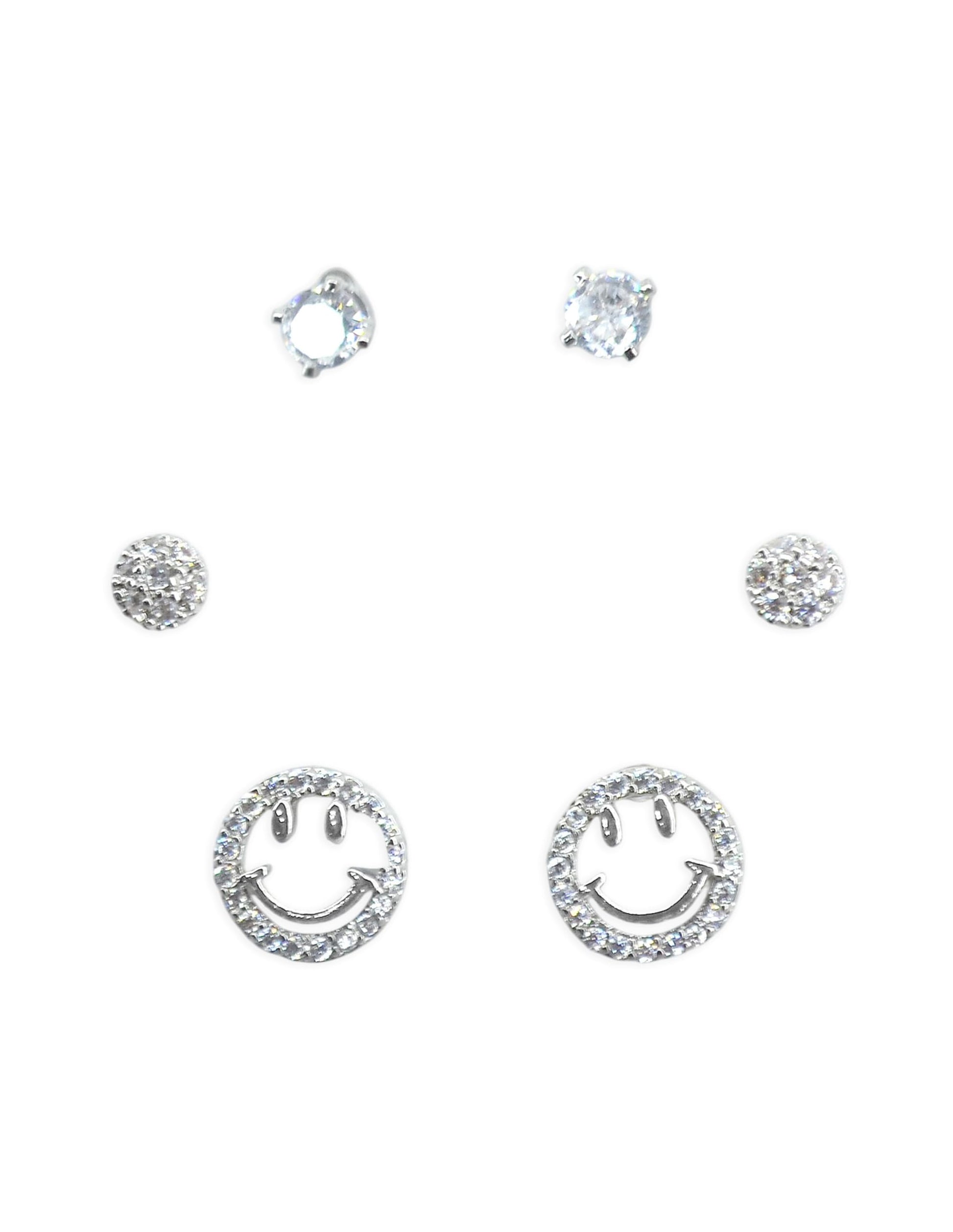 Saloni Fashion Jewellery Lavish Round and Smiley Shape CZ Brass Silver Plated Set of 3 Combo Stud Earring For Women and Girls