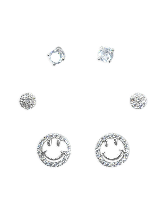 Saloni Fashion Jewellery Lavish Round and Smiley Shape CZ Brass Silver Plated Set of 3 Combo Stud Earring For Women and Girls