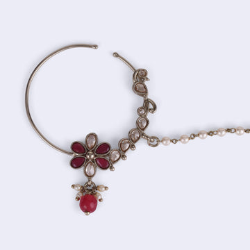 Saloni Fashion Jewellery Traditional Flower Design Crystal Gold Plated Nose Ring with Chain (Nathiya) For Women