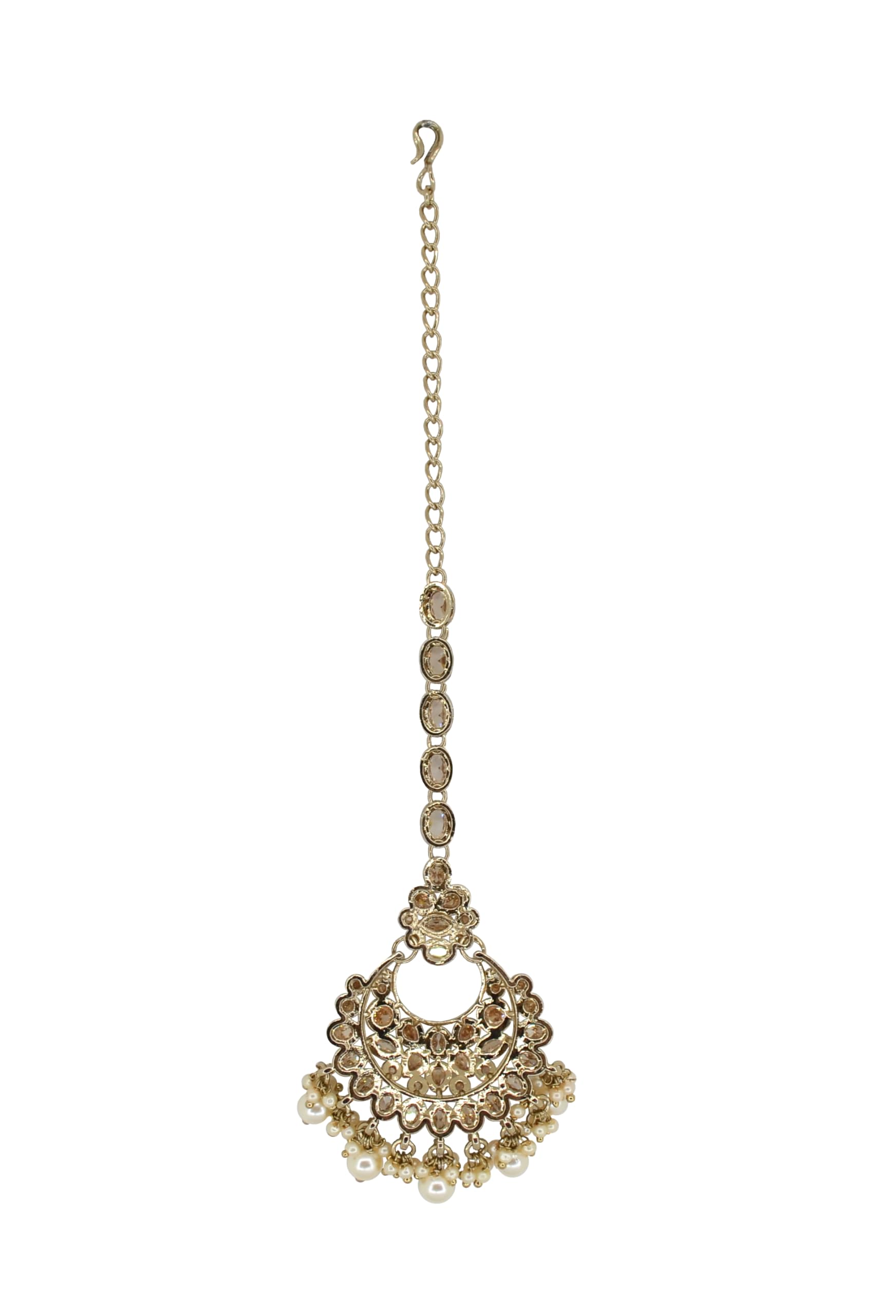 Saloni Fashion Jewellery Glamorous Chandelier Shape Mother of Pearl Brown Uncut Kundan Stone Antique Gold Plated Maang Tikka For Women and Girls