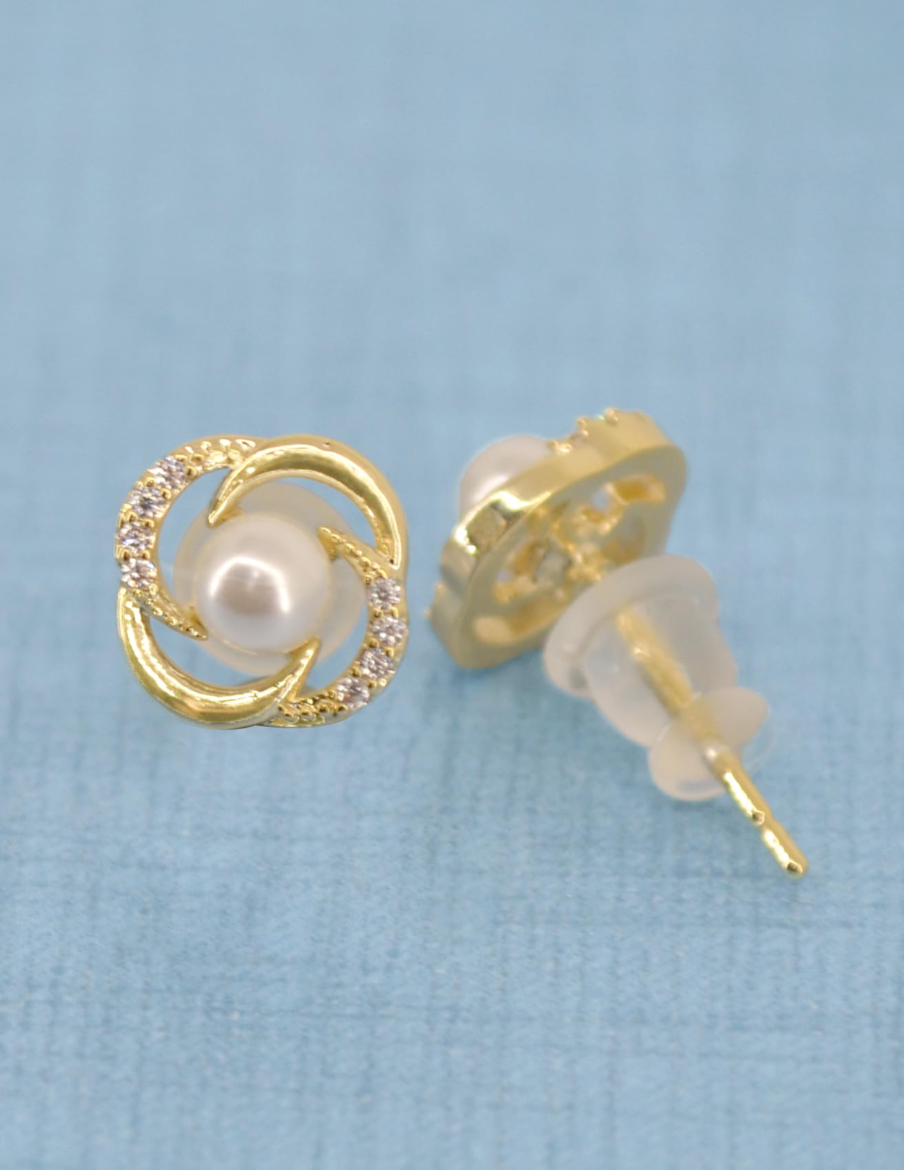 Saloni Fashion Jewellery Trendy Flower and Round Shape CZ Pearl Brass Gold Plated Set of 3 Combo Stud Earring For Women and Girls