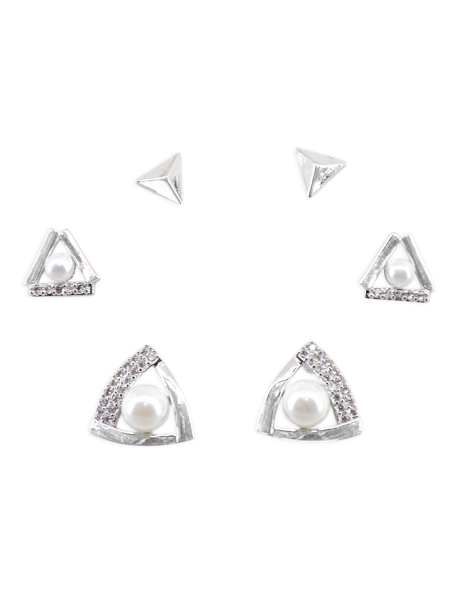 Saloni Fashion Jewellery Splendid Traingle Shape CZ Brass Silver Plated Set of 3 Combo Stud Earring For Women and Girls