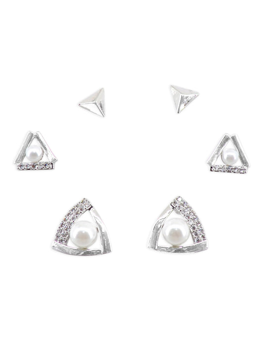 Saloni Fashion Jewellery Splendid Traingle Shape CZ Brass Silver Plated Set of 3 Combo Stud Earring For Women and Girls