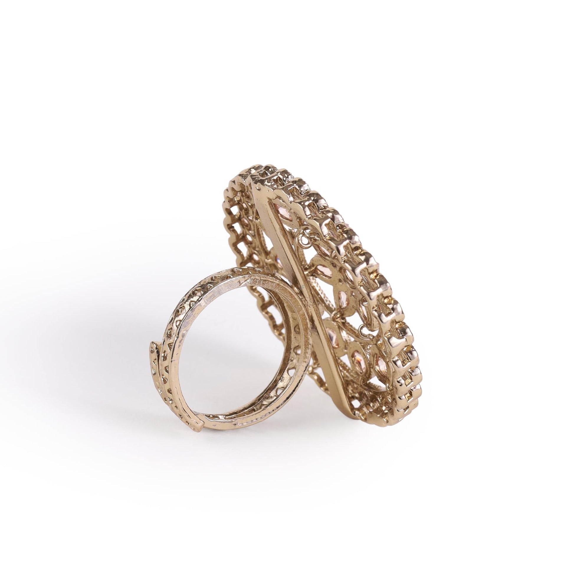 Saloni Fashion Jewellery Round and Flower Design Gold Plated Brass Adjustable Finger Ring For Women