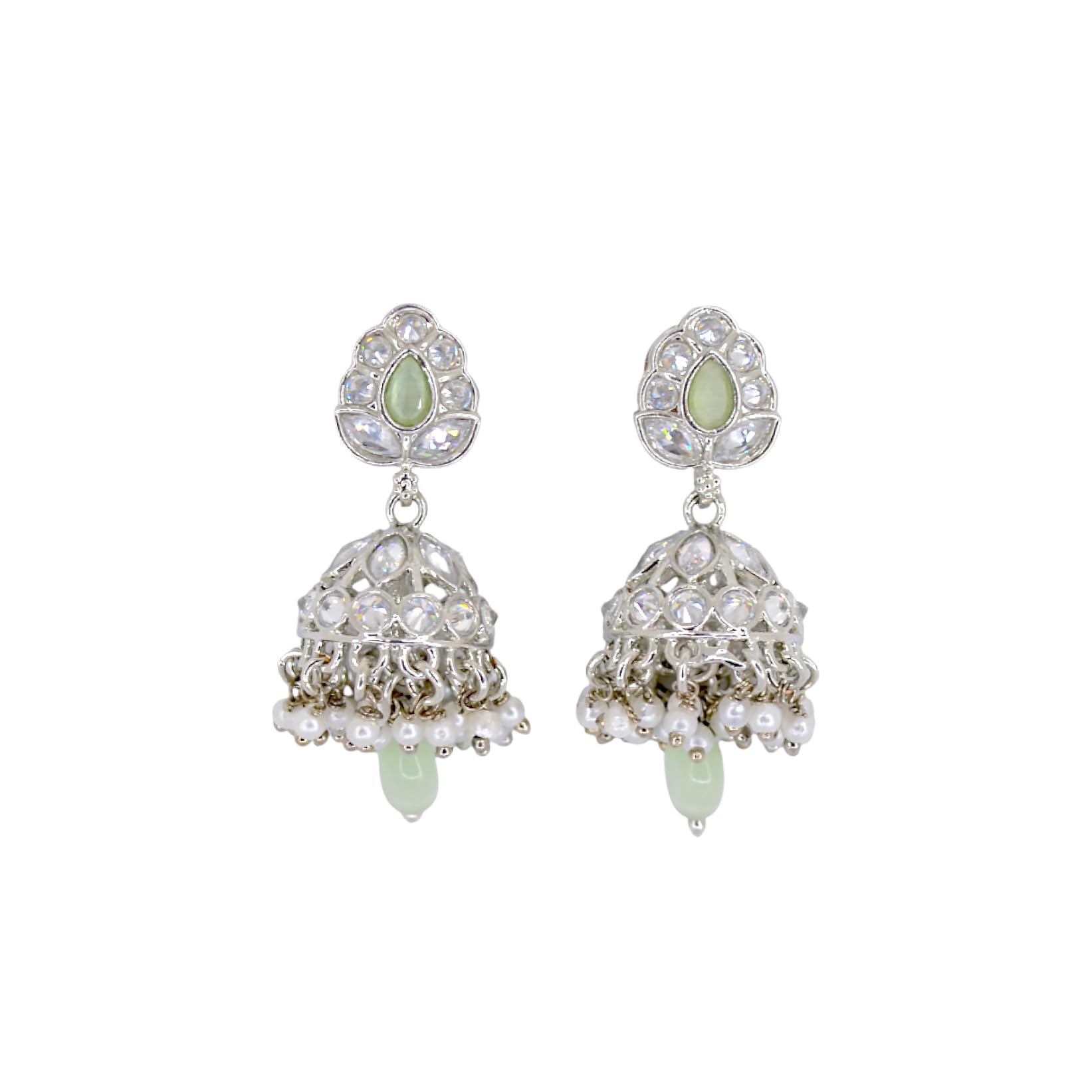 Saloni Fashion Jewellery Lovely Leaf and Pear Shape Silver Plated Light Green Kundan Stone Brass Jhumki Earring For Women and Girls