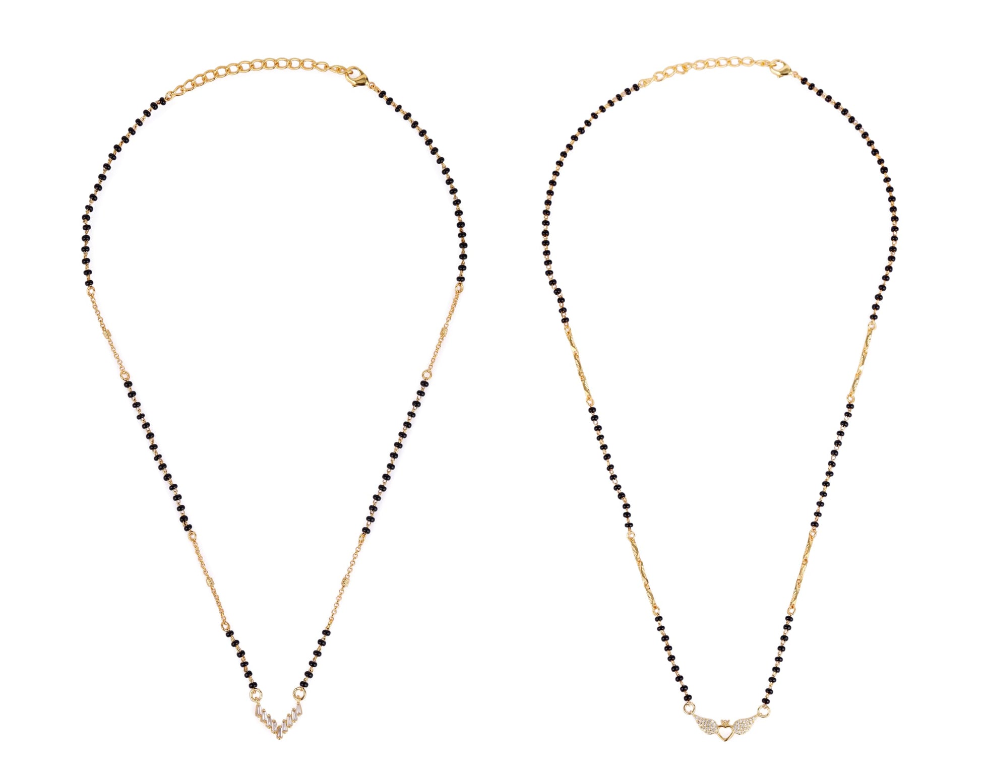 Saloni Fashion Jewellery Traditional Splendid "V" Shape Gold Plated Combo Set of 2 Black Beaded Adjustable Chain Mangalsutra For Women