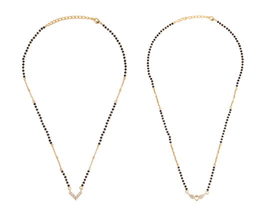 Saloni Fashion Jewellery Traditional Splendid "V" Shape Gold Plated Combo Set of 2 Black Beaded Adjustable Chain Mangalsutra For Women