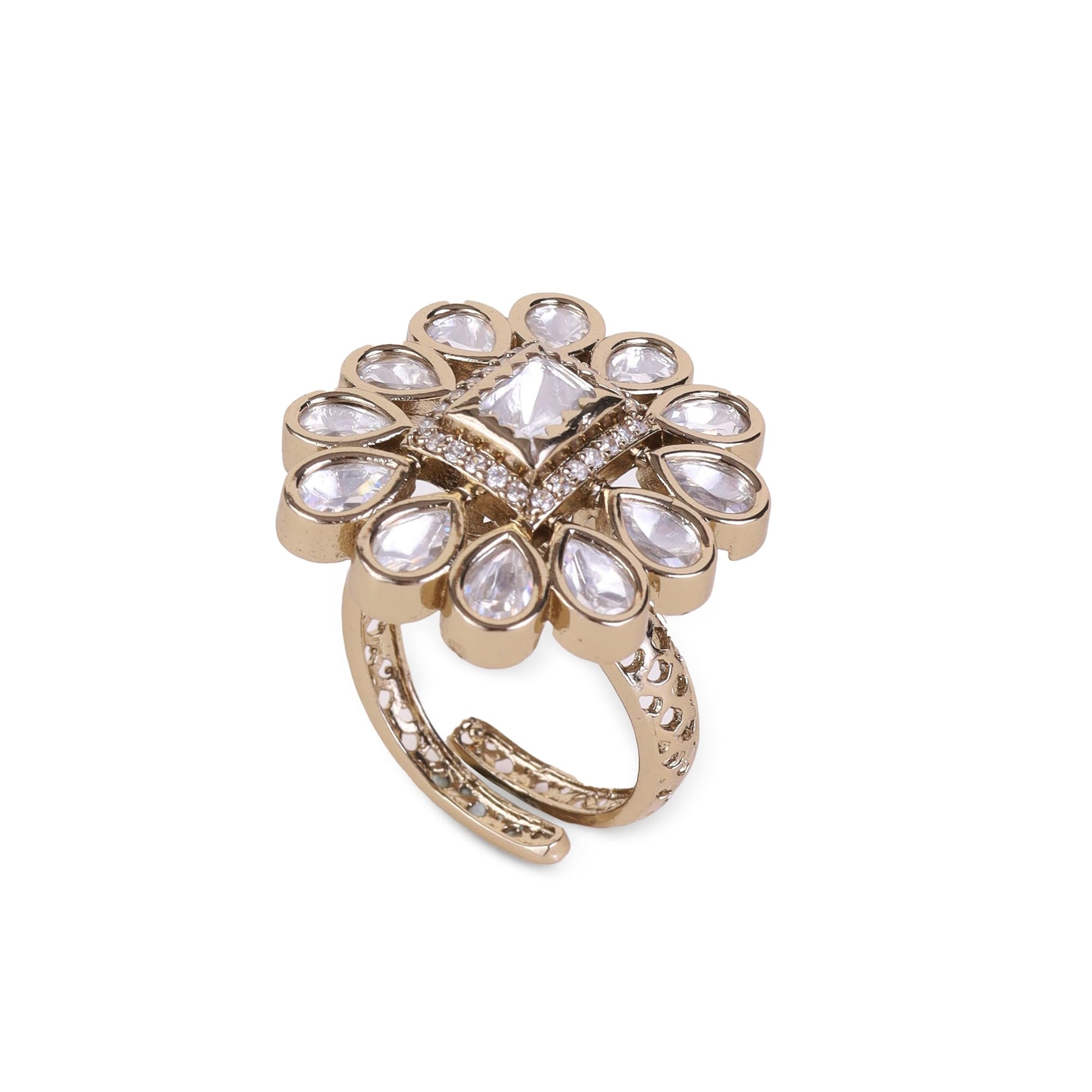 Saloni Fashion Jewellery Flower Design White Stone Gold Plated Brass Adjustable Finger Ring For Women