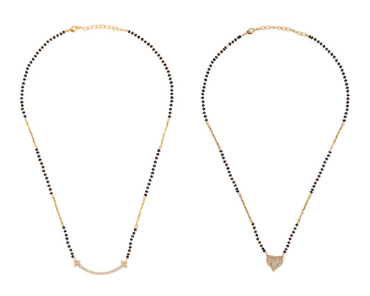 Saloni Fashion Jewellery Traditional Incredible Heart Shape Gold Plated Combo Set of 2 Black Beaded Adjustable Chain Mangalsutra For Women
