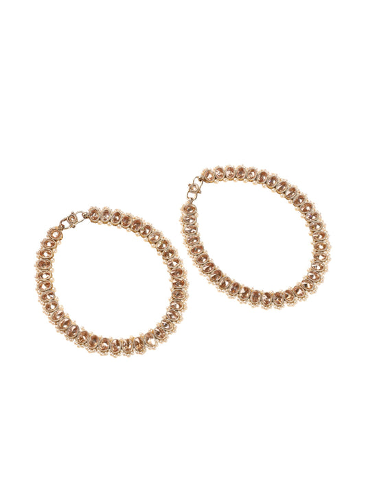 Saloni Fashion Jewellery Elegant Circle Shape Pearl Brown Kundan Stone Antique Gold Plated Set of 2 Anklet(Payal) For Women and Girls