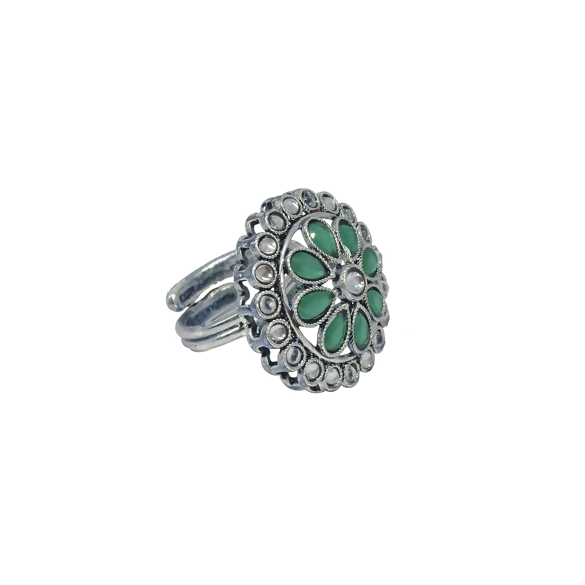 Saloni Fashion Jewellery Pretty Round and Pear Shape Silver Plated Kundan Stone Adjustable Finger Ring For Women and Girls
