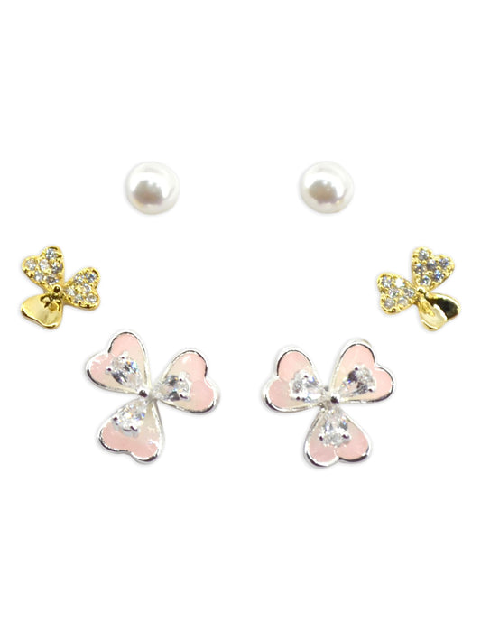 Saloni Fashion Jewellery Pleasant Flower Shape Pearl Brass Silver Plated Set of 3 Combo Stud Earring For Women and Girls