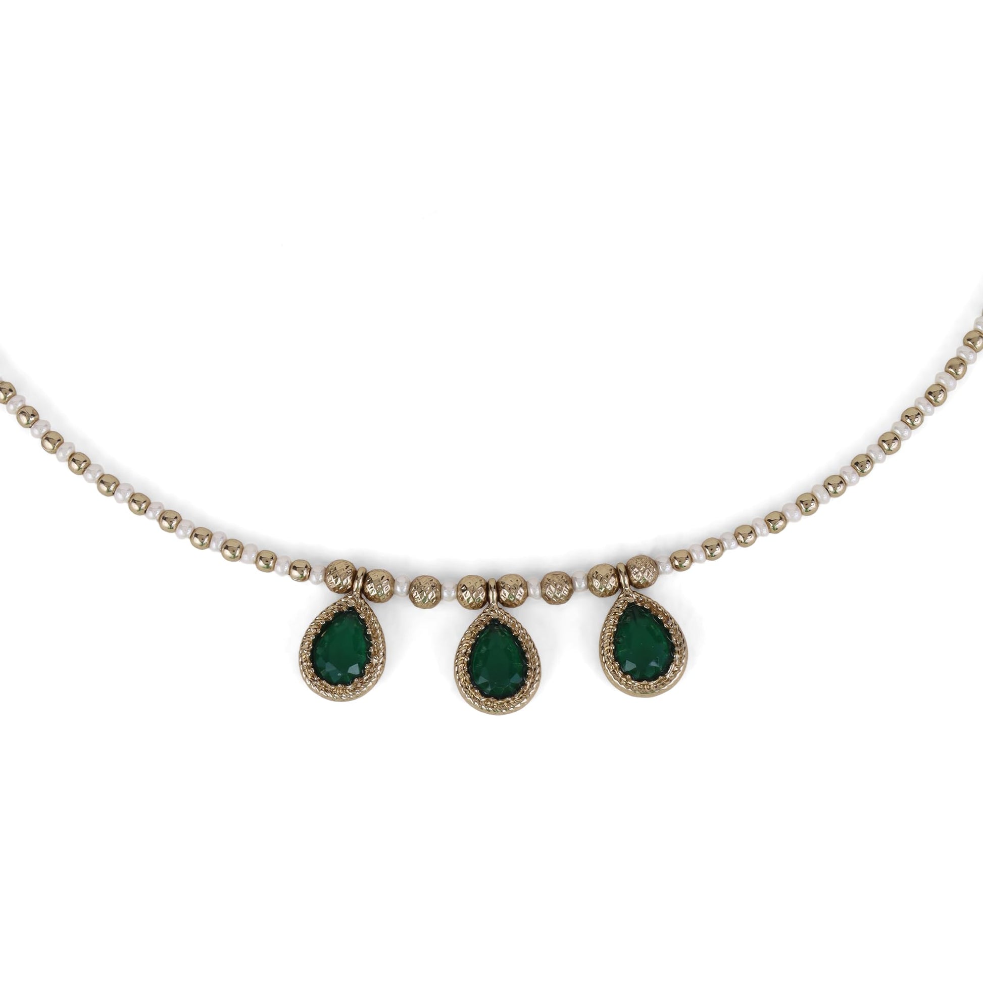 Saloni Fashion Jewellery Charming Oval shape Green Crystal Gold Plated Matinee Necklace Set(Mala) For Women