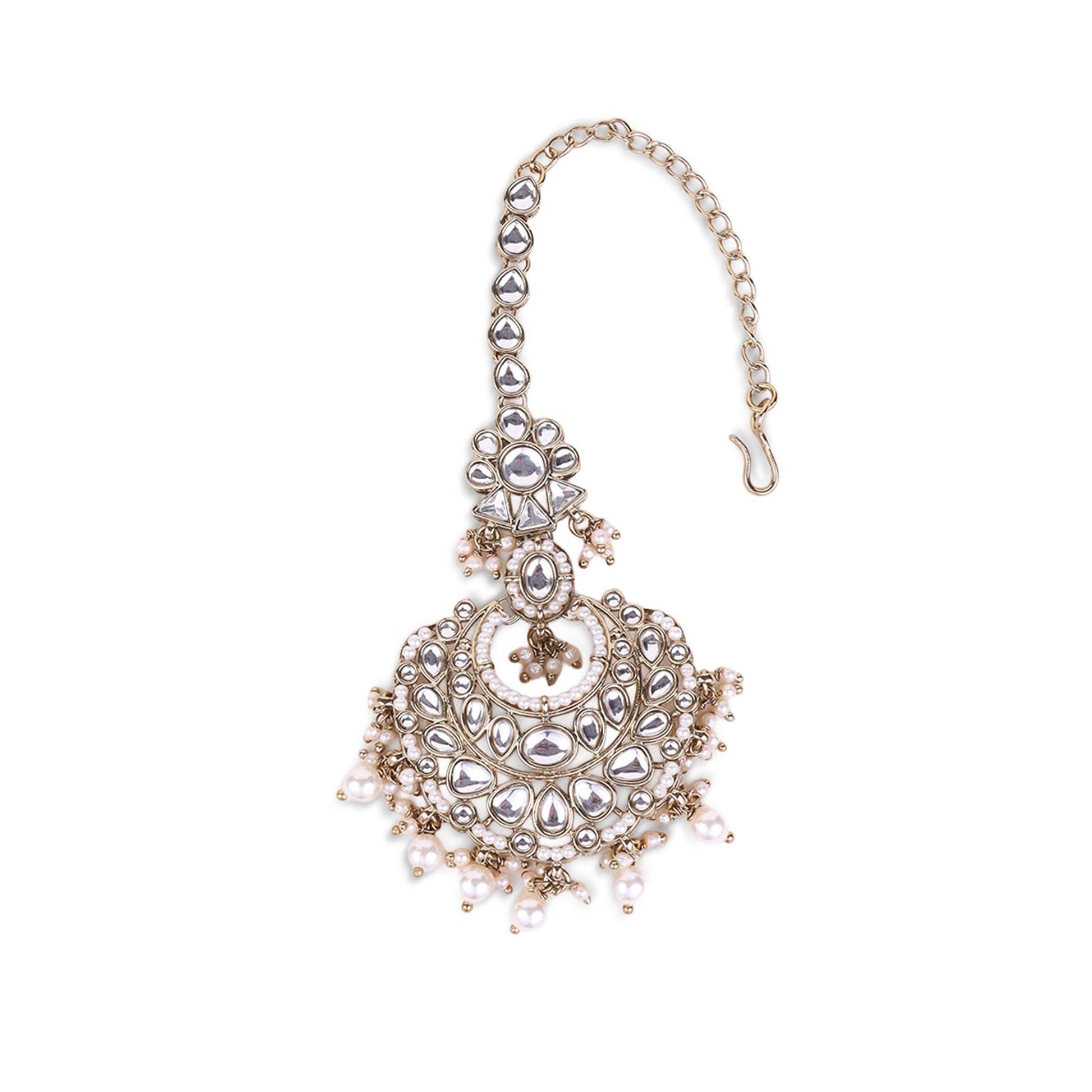 Saloni Fashion Jewellery Traditional Flower Shape and Pearl Silver Gold Plated Maang Tikka For Women